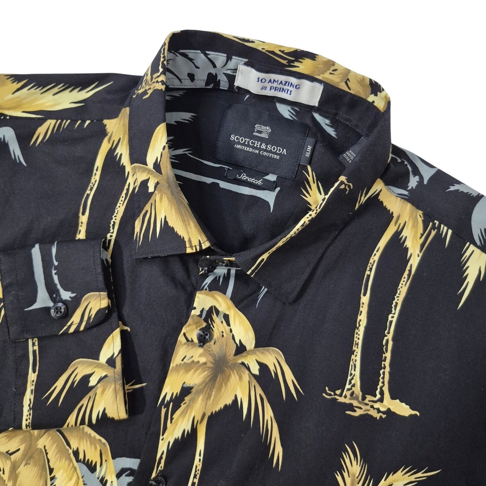 Scotch & Soda Button Up Shirt‎ Mens Large Slim Black Palm Tree Print Stretch